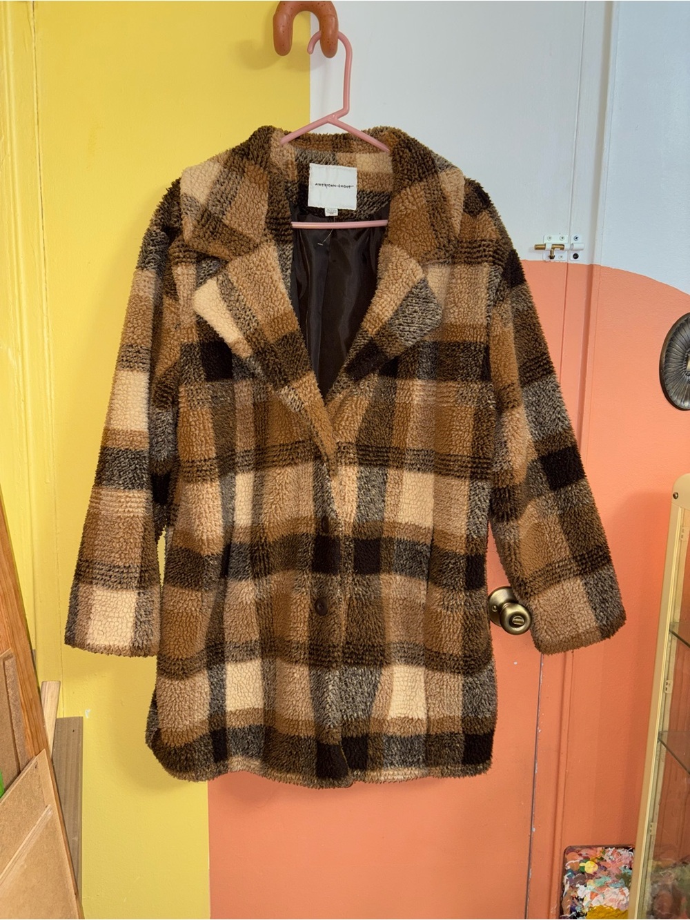 Plaid Teddy Coat in Brown - Women's Jacket